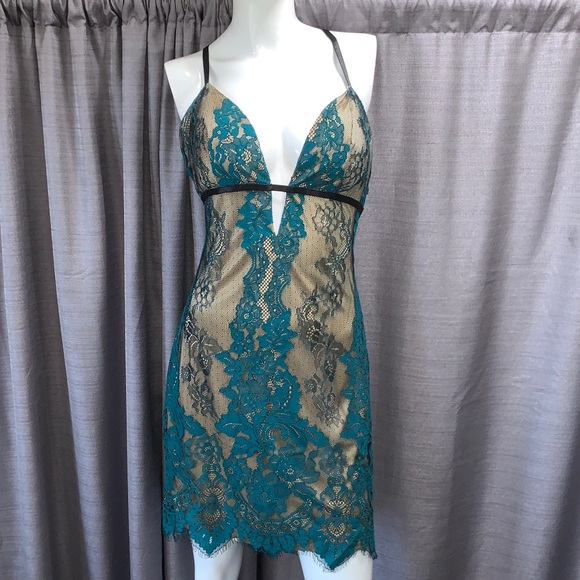 bebe Dresses & Skirts - Bebe Blue and Nude Lace Dress